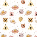 Space theme, boho colors, seamless pattern with cartoon aliens, monsters and decorative stars